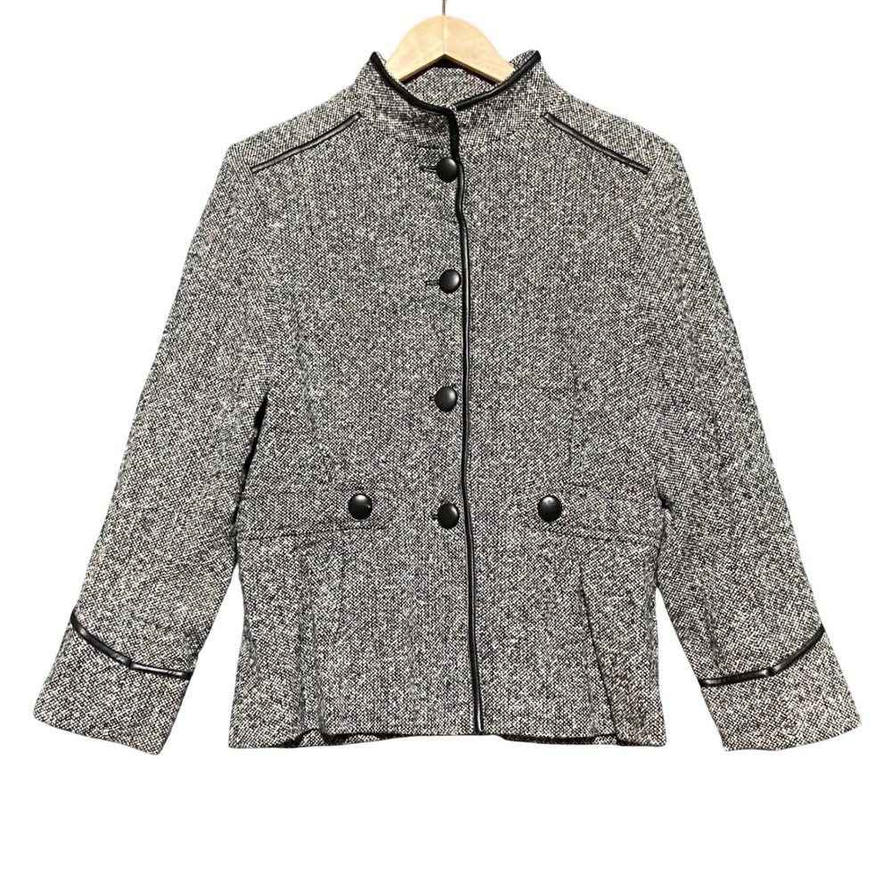 Vintage Jonathan Michael Short Tweed Blazer Faux Leather‎ Trim Women's M Black